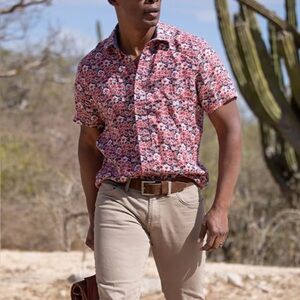 Tailor Vintage Dark Red Floral Print PureTec Cool Cotton/Linen Shirt